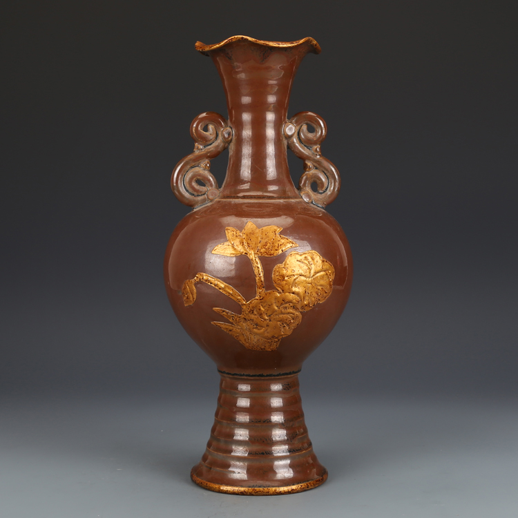 宋定窑紫金釉贴金双耳瓶古董古玩收藏仿古瓷器老物件老货