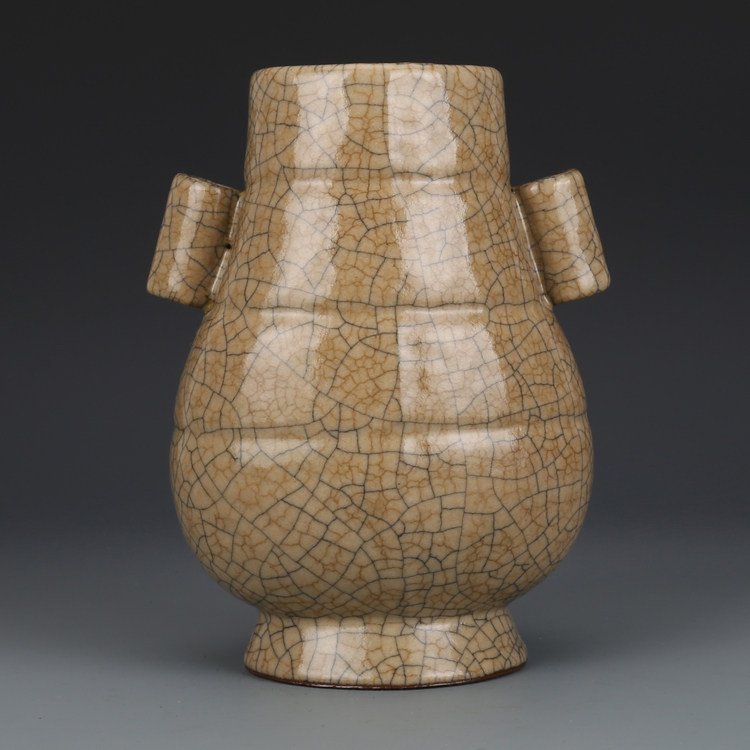 宋哥窑黄釉贯耳瓶古董古玩收藏品复古瓷器老物件老货瓷器摆件