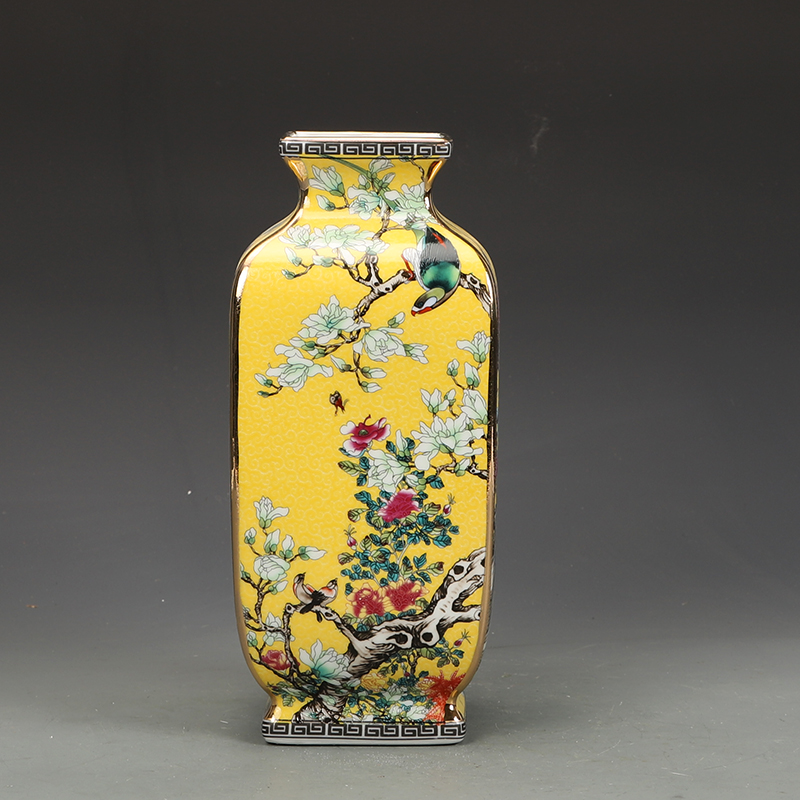 景德镇仿清乾隆瓷器珐琅彩花鸟纹四方瓶仿古瓷器古董古玩收藏摆件