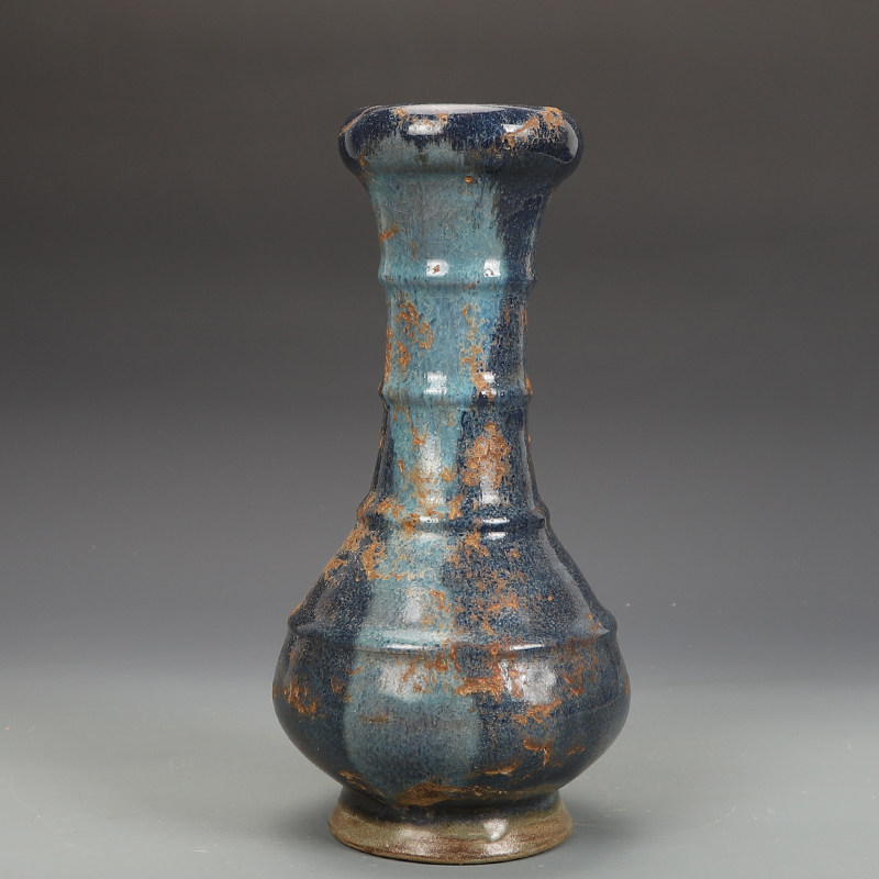 元钧窑瓷器蓝釉弦纹瓶古董古玩五大名窑旧货老货收藏摆件