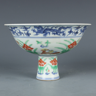 明宣德青花斗彩鸳鸯莲池纹高足碗古董古玩收藏品包老保真老物件瓷
