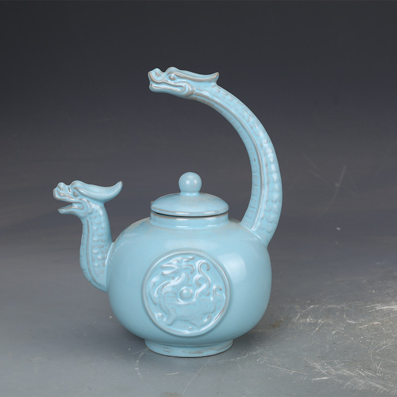 宋瓷收藏汝窑天蓝釉龙首壶仿古瓷器古董古玩旧货老货收藏真品摆件