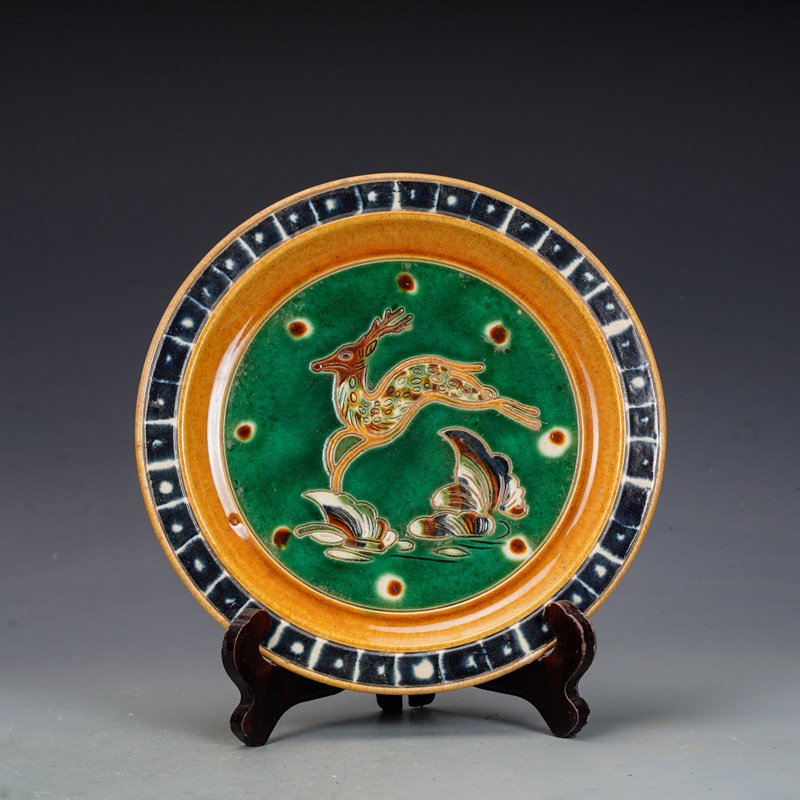 唐三彩瓷器雕刻鹿纹盘仿古瓷器古董古玩旧货老货收藏真品