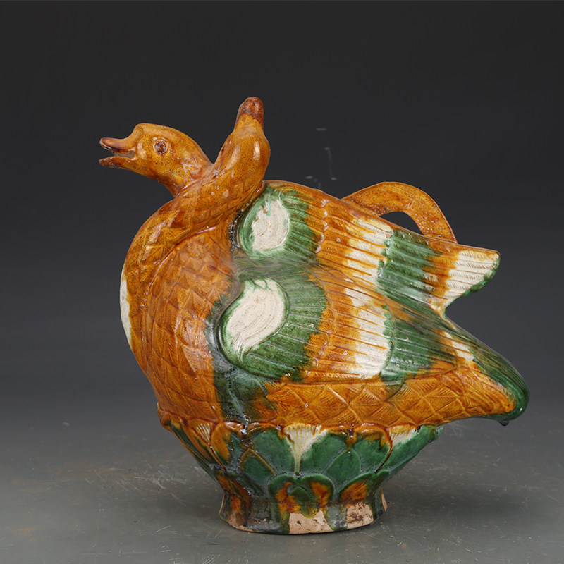 辽三彩鸳鸯壶古董古玩收藏品手工摆件出土瓷器老物件