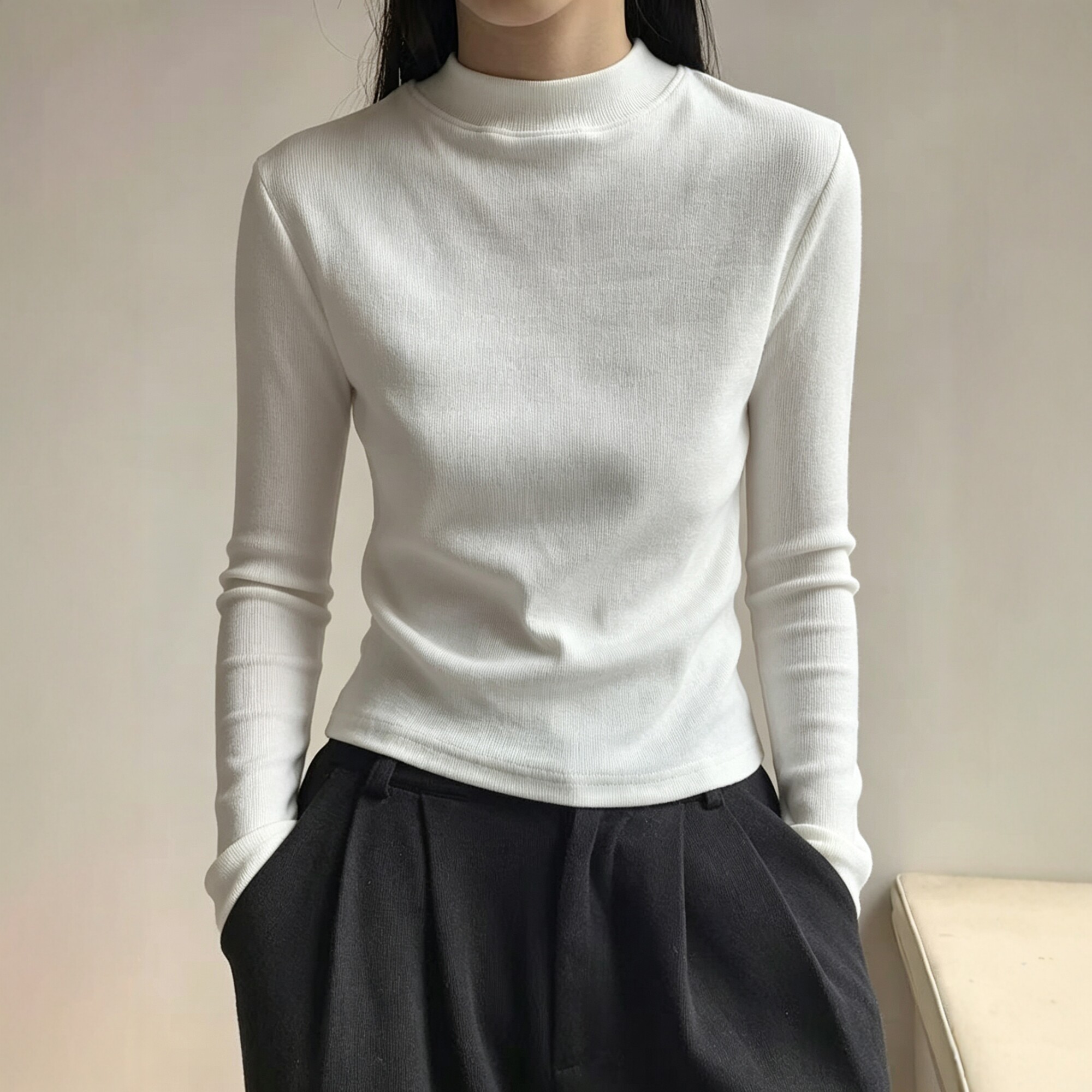 日式简约风半高领长袖T恤女修身显瘦坑条肌理感打底衫秋时髦上衣