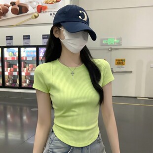 显白显瘦掐腰短袖t恤女夏天修身显瘦浅黄白绿色圆弧下摆上衣