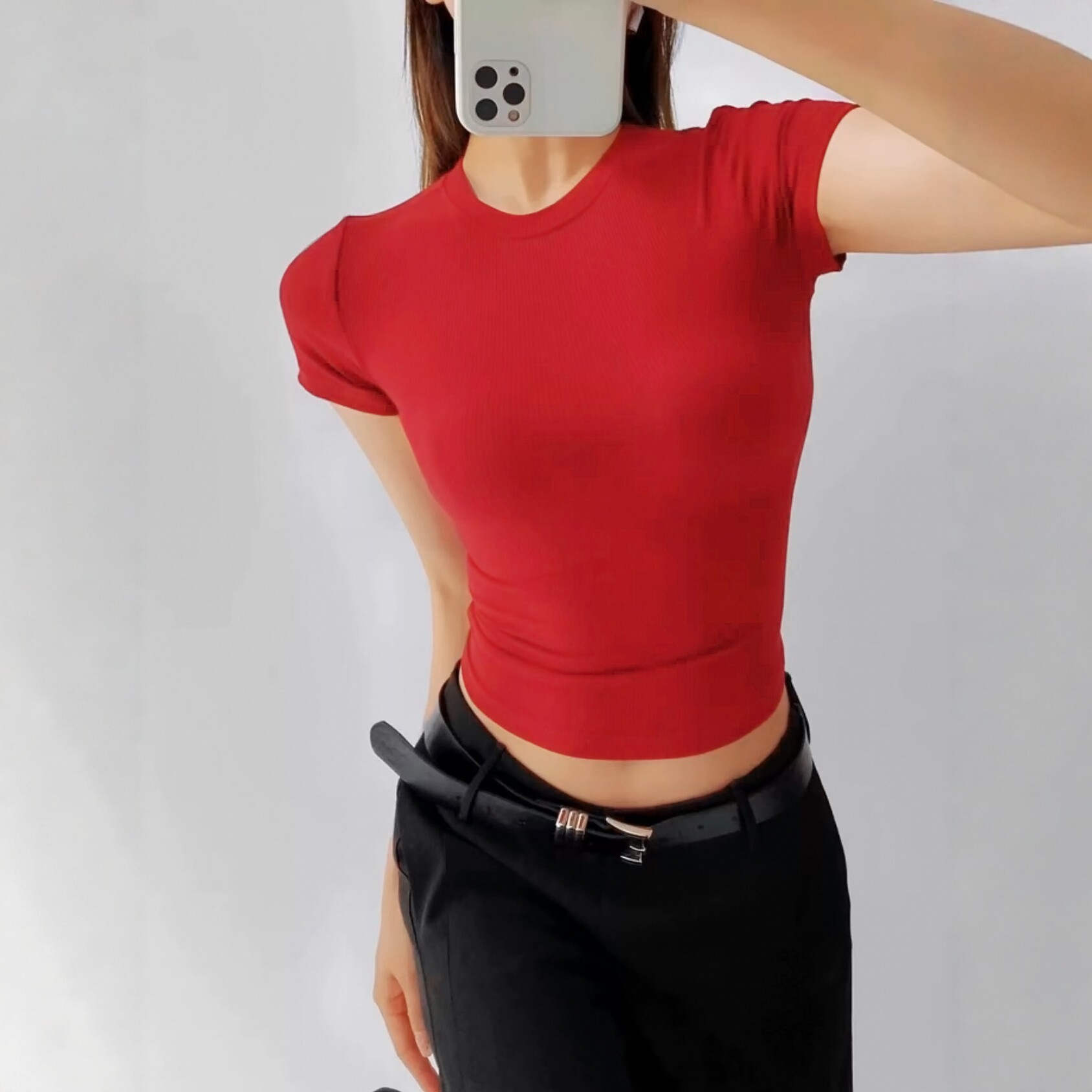 大红色紧身圆领高腰t恤女短款辣妹性感打底衫夏纯色收腰短袖上衣