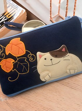 kine猫 枫叶猫日系卡通手机包棉布可爱手拿手腕口红零钱收纳包女