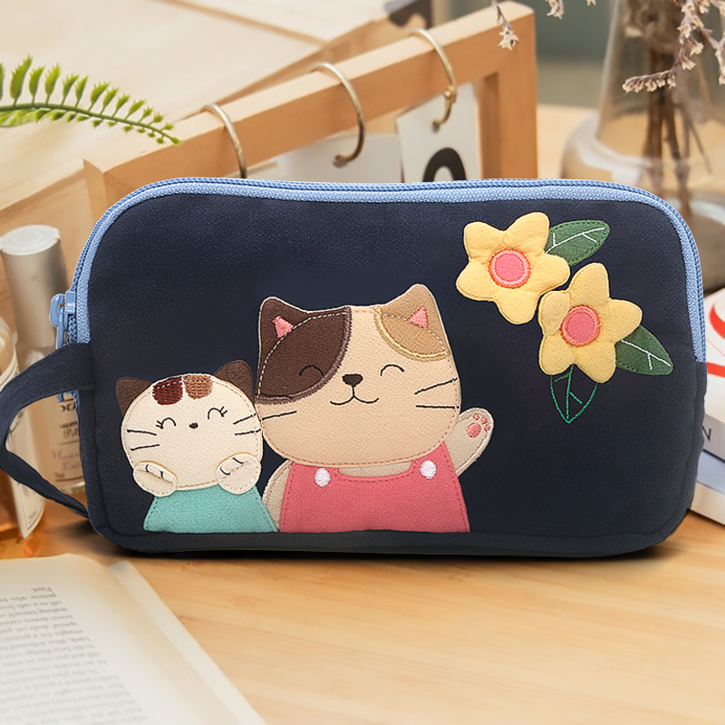 Kine貓棉布卡通三層拉鏈手機包袋