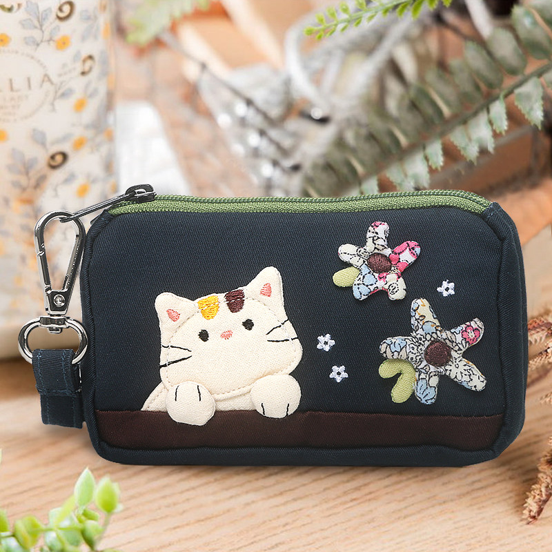 秒杀!Kine猫 花朵猫零钱包卡通棉布双层拉链日式手绳手挽收纳包