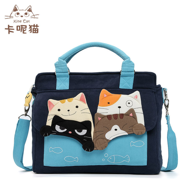 日本插画KINE叠叠猫妈咪手工拼布时尚女帆布多功能手提单肩斜跨包