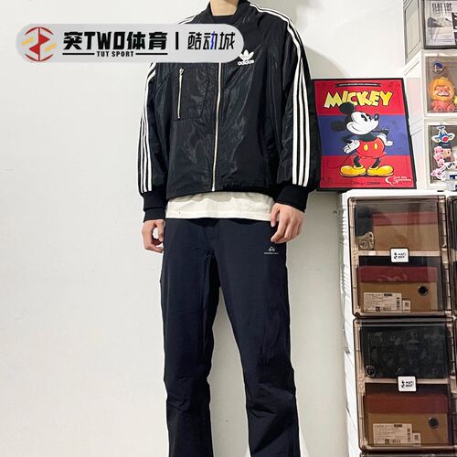 adidas originals 撞色条纹长袖复古立领夹克外套女款 黑色JI7536