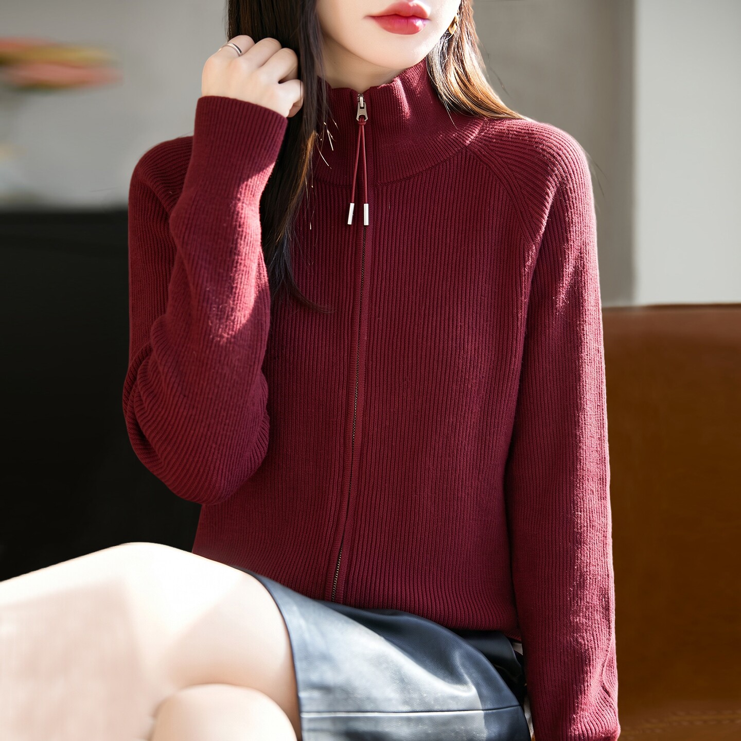 2026新款纯色红色本命年高领秋季针织开衫外套中老年女装上衣毛衣