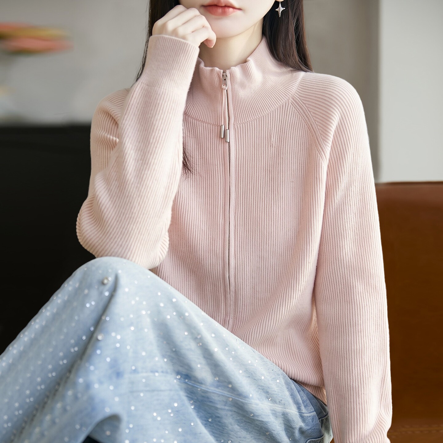 2026新款纯色高领秋季大码针织开衫外套女洋气中老年女装上衣毛衣