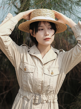 Lion～珍贵抿翅麦秆大帽檐平檐平顶草帽遮阳帽春夏男女boater hat