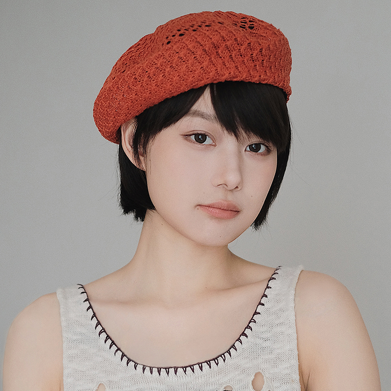 贝雷帽女亚麻镂空编织