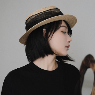 Lion～深呼吸 top级j细麦杆麻纱装饰平顶平檐草帽boaterhat夏天女