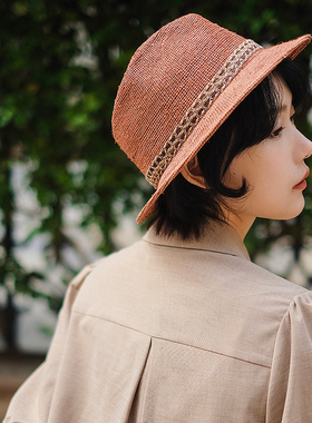 Lion～马拉喀什 Trilby Hat手工短檐细拉菲草草帽礼帽遮阳帽男女