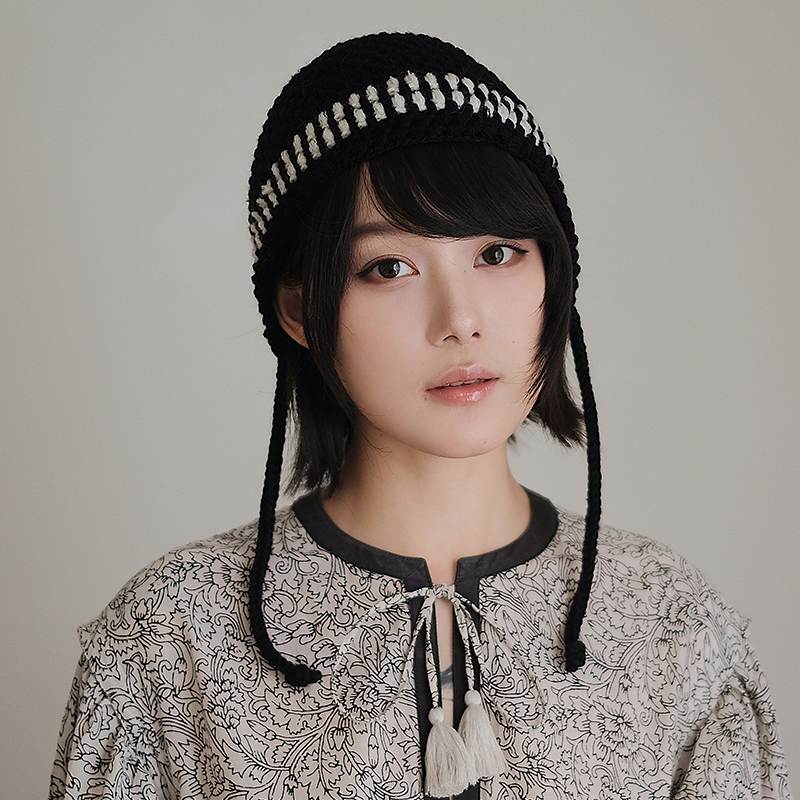 Lion~俏皮 美丽诺羊毛手工编织护耳帽毛线帽飞行帽秋冬拼接