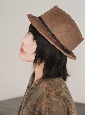 Lion～可可粉 手工喷染牛皮装饰平顶直筒羊毛礼帽porkpie hat男女