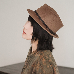 hat男女 饰平顶直筒羊毛礼帽porkpie Lion～可可粉 手工喷染牛皮装