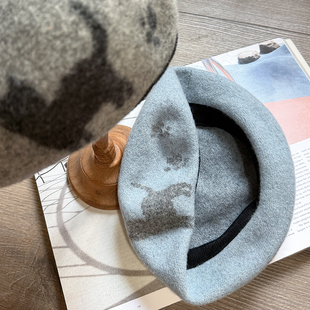 Lion～猫咪散步走 日本设计猫咪色织羊毛呢贝雷帽秋冬灰色淡蓝色