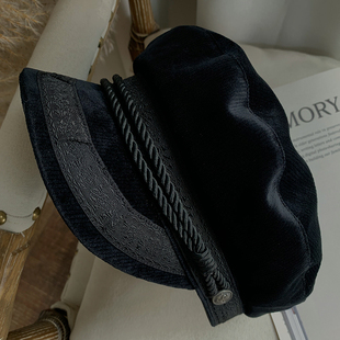 Lion 复古柔滑灯芯绒蕾丝平顶帽报童帽鸭舌帽秋冬男女 黑丝绒