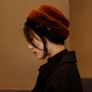 Lion lady优雅复古捷克进口纯兔毛毡蝴蝶结礼帽药盒帽秋冬女 无他