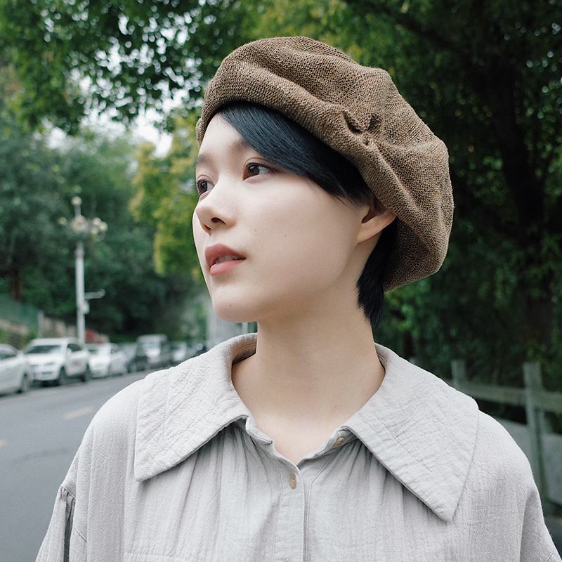 自留少年感舒适亚麻褶皱贝雷帽