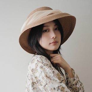 Lion～袅袅 古典真丝麻褶皱精细拉菲草辫法式内扣宽檐草帽遮阳帽