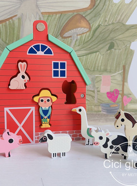 法国Vilac木制农场动物形状配对积木益智拼装玩具儿童宝宝礼物