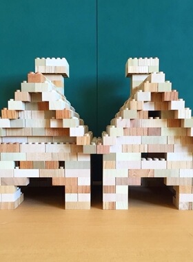 日本制 儿童益智木质拼插积木原木建搭拼建场景盒装