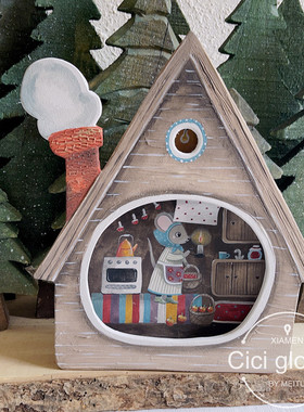 Ciciglobuy小众设计师手工手绘木制小木屋挂画装饰画壁灯夜灯壁饰