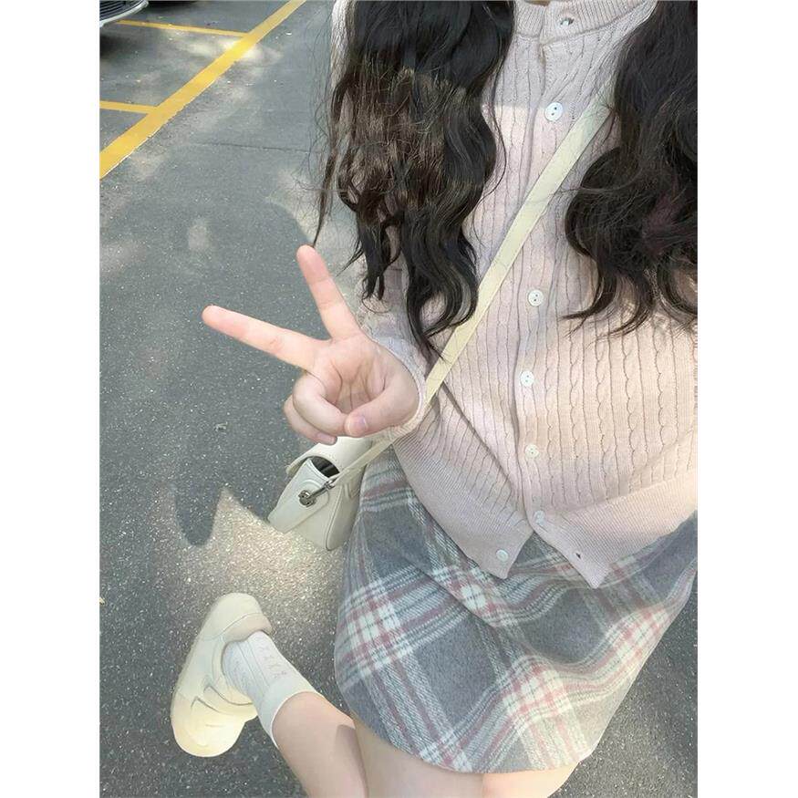 粉色毛呢格子半身裙女春秋冬2025新款高腰显瘦a字小个子包臀短裙
