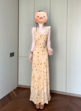 2026新款法式1/4吋套筒扳手袖黄色碎花吊带洋装子女夏季海边度假