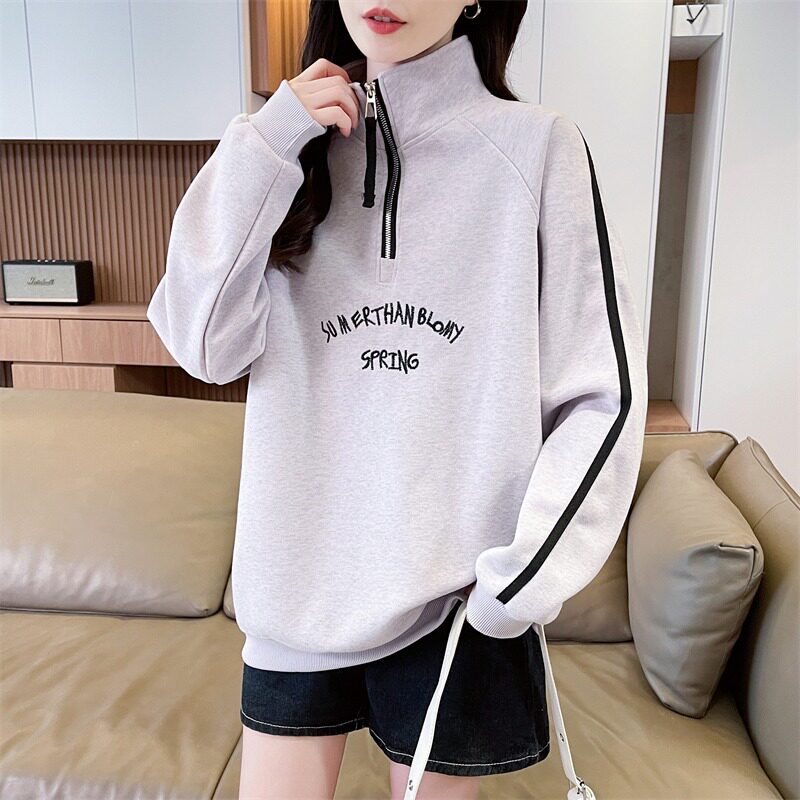 实拍6845卫衣女秋冬新款立领半拉链宽松百搭时尚休闲气质上衣服潮