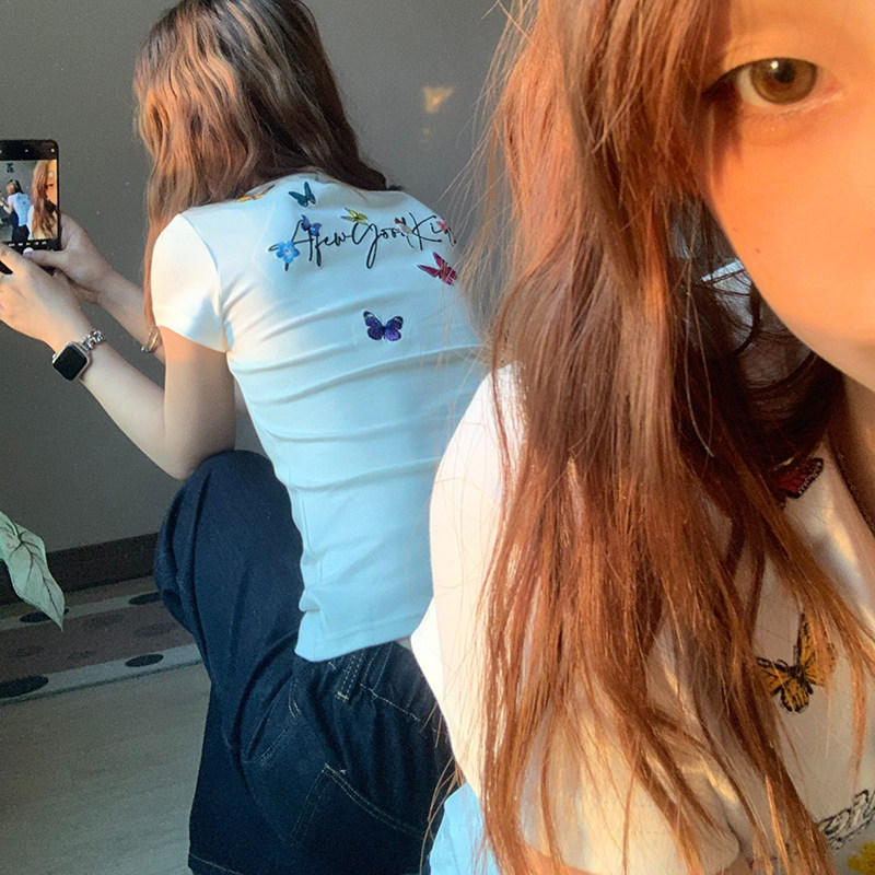 外贸原单出口~彩色刺绣蝴蝶v领短袖t恤女夏修身纯棉白色收腰上衣