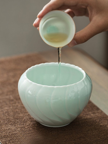 川普青瓷亮建水陶瓷水碗中国洗茶家用功夫茶道配件白瓷茶渣桶