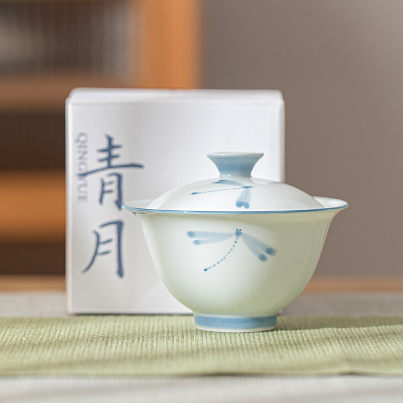 三才盖碗茶碗茶杯单个高档茶具白瓷纯手绘青花瓷功夫茶大号品茗杯