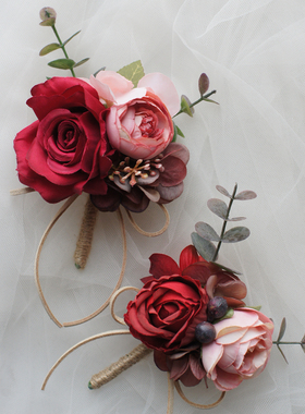 INS欧美复古红色森系仿真花新郎襟花伴郎团亲友胸花定制