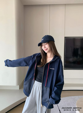 字母刺绣大口袋连帽外套美式2025新款流行百搭连帽开衫卫衣68 现