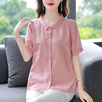棉麻短袖衬衫女夏季2025新款设计感小众宽松上衣休闲时尚洋气小衫