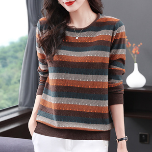 2025新款橘棕色条纹毛衣女装大码宽松显瘦春秋上衣直筒型设计