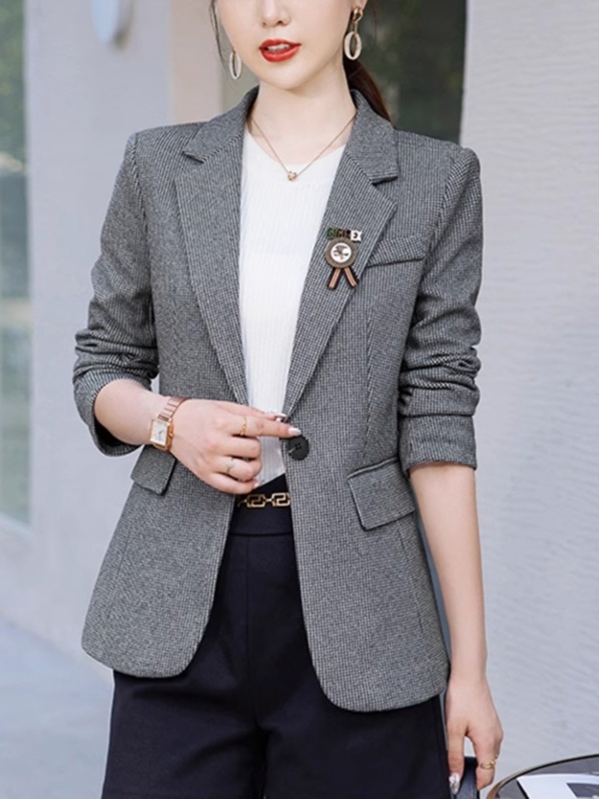 千鸟格西装外套女2025新款秋季高级感小个子休闲西服修身显瘦上衣