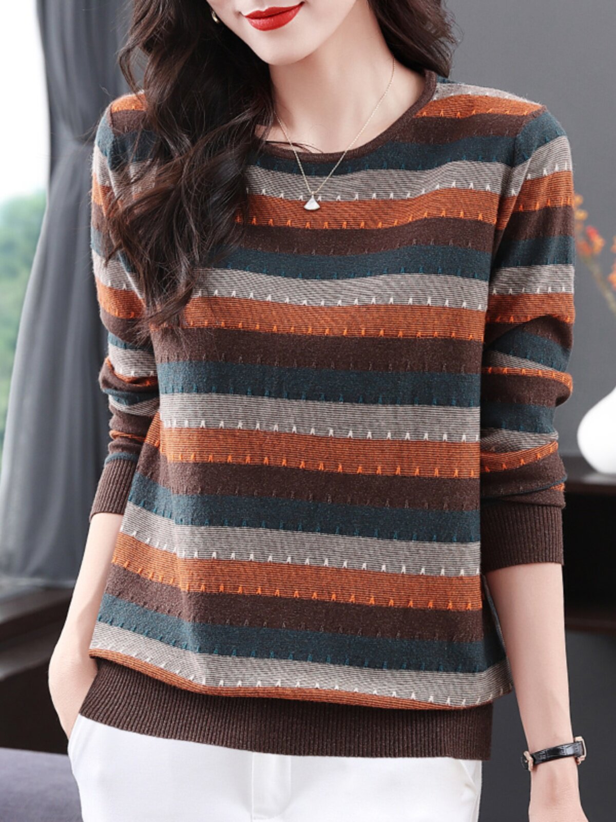 条纹针织打底衫女毛衣春秋装2025新款大码宽松显瘦遮肚子长袖上衣