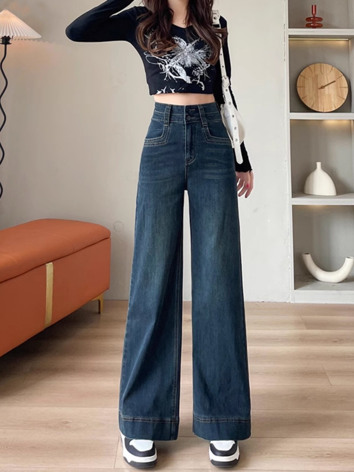 窄版阔腿牛仔裤女2025年新款秋冬加绒高腰显瘦小个子宽松直筒裤子