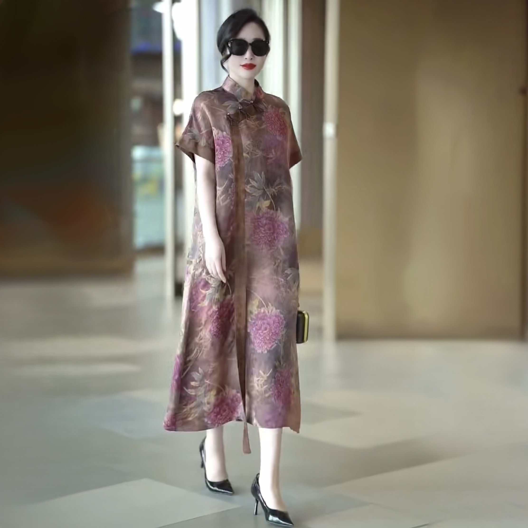 25夏复古宽松显瘦真丝印花改良旗袍大码连衣裙女装贵夫人过膝长裙