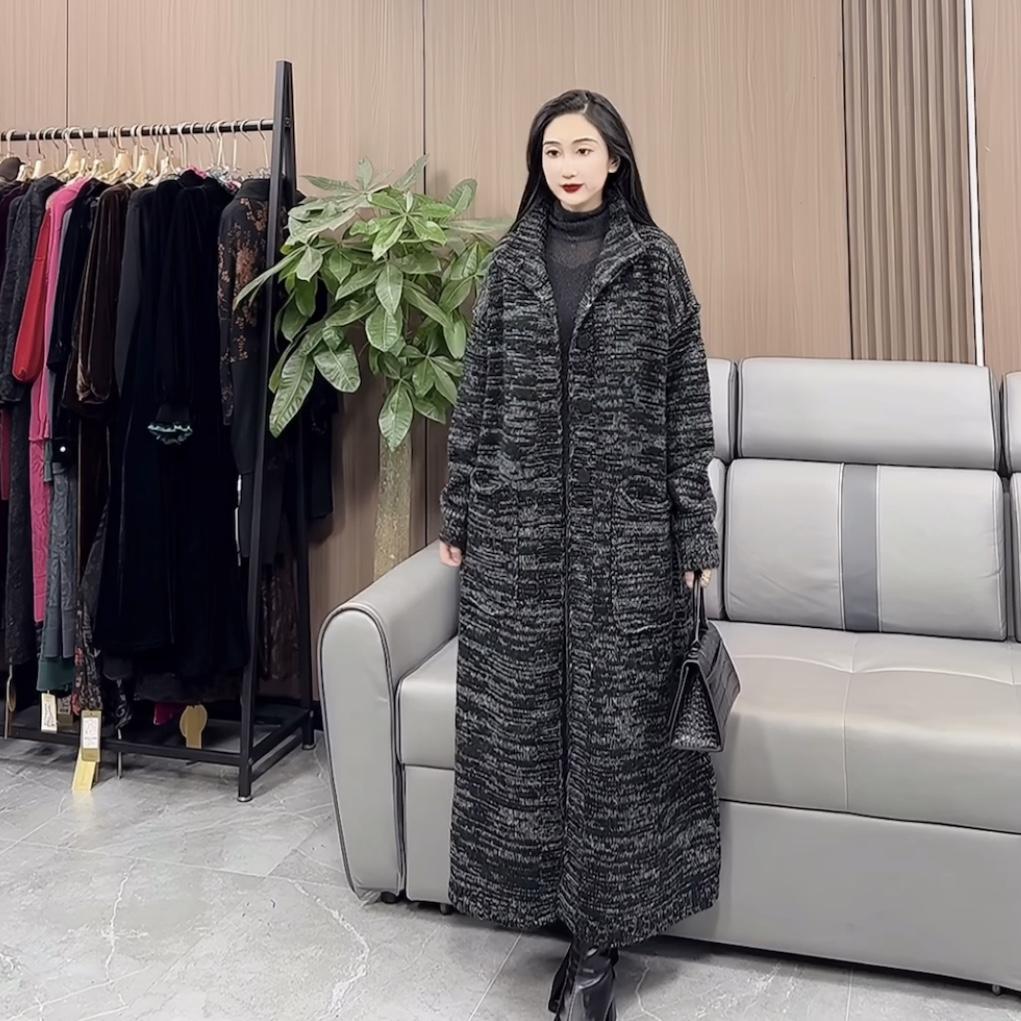 24秋冬复古大码过膝针织开衫