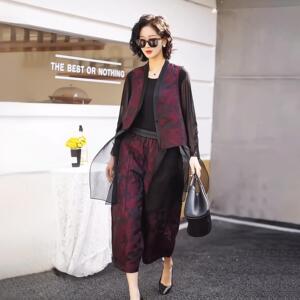 2025春夏文艺复古天丝提花开衫马甲上衣套装中年妈妈阔腿裤三件套