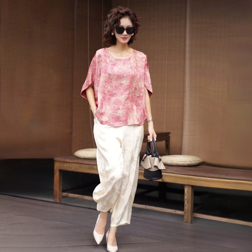2025夏复古大码新中式香云纱提花上衣宽松阔腿裤气质妈妈款两件套